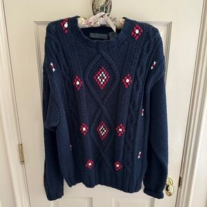 Liz Claiborne Navy Cotton Sweater with hand embellished embroidery
